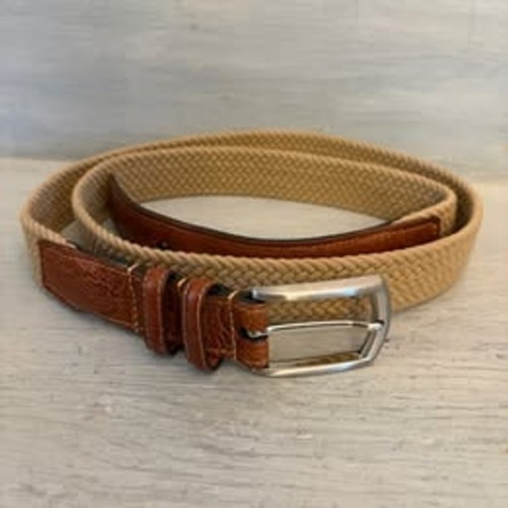 Torino Men's Tan Woven Stretch Belt with Brown Leather Trim GC